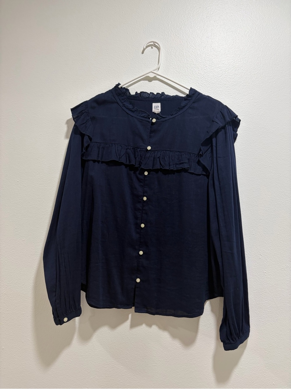 GAP Navy Ruffle-Trim Button-Front Blouse - Picture 5 of 5